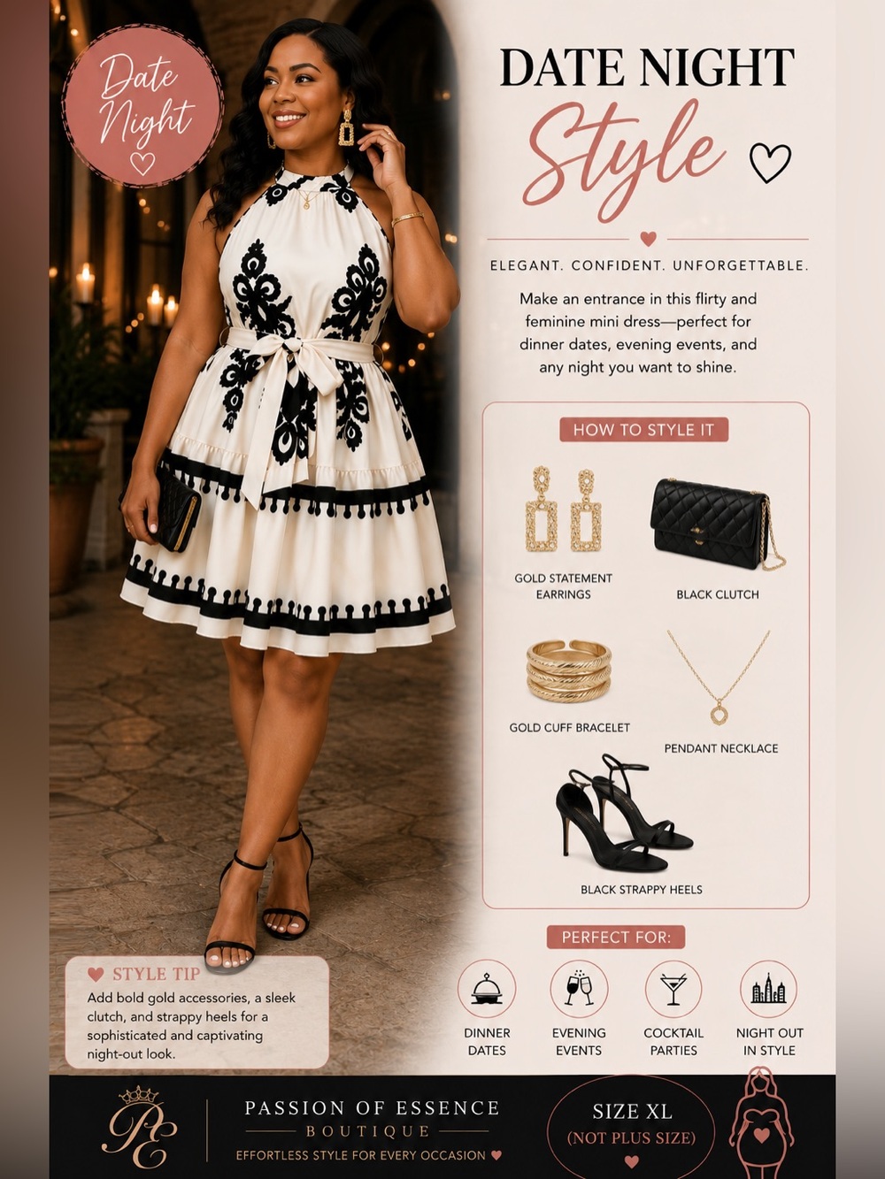 Black & White Halter Mini Dress | Tie Waist Fit & Flare Skater Dress | Size XL